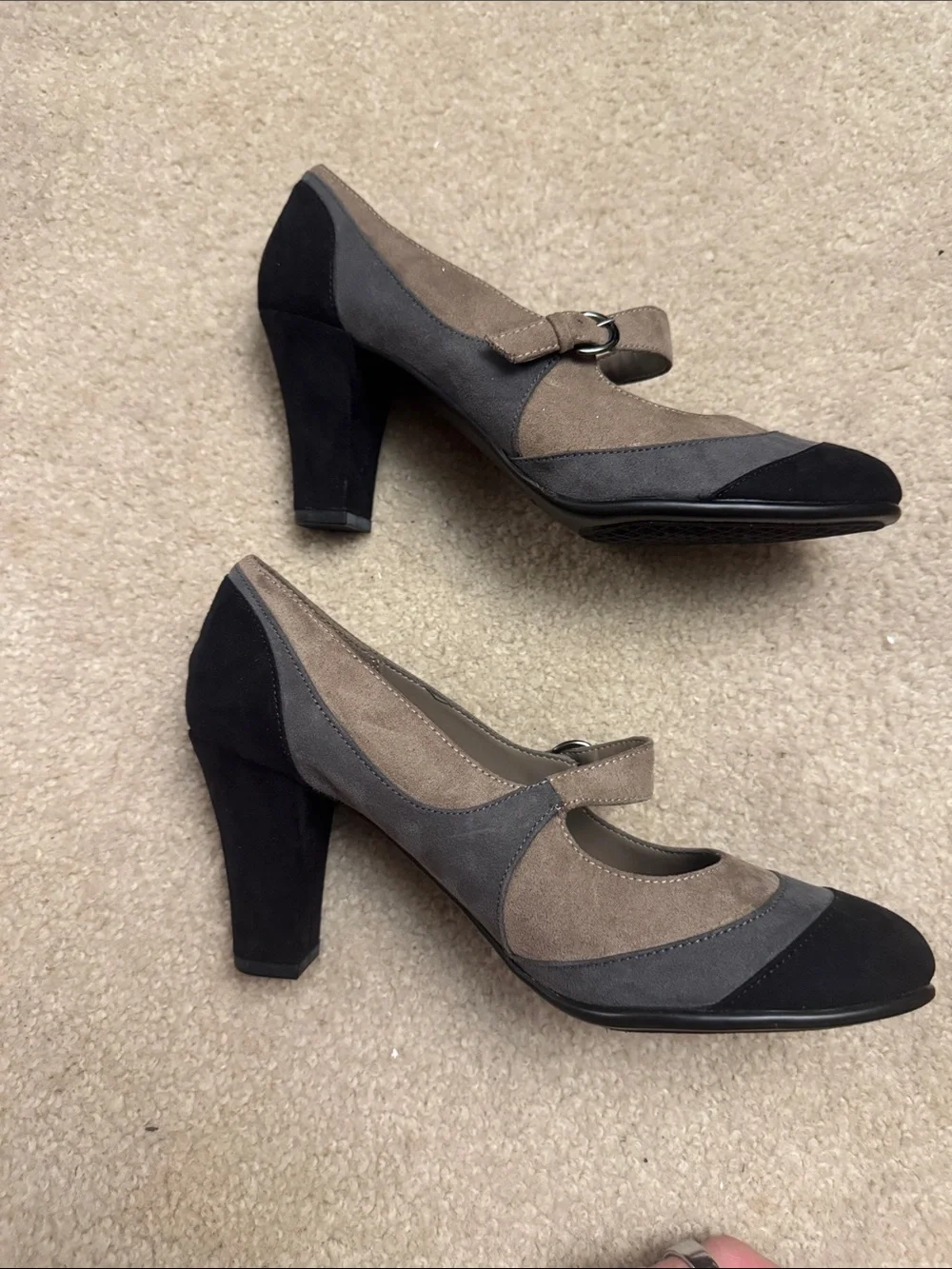 AEROSOLES Tri-Tone Suede Mary Jane Pumps in Brown, Gray & Black